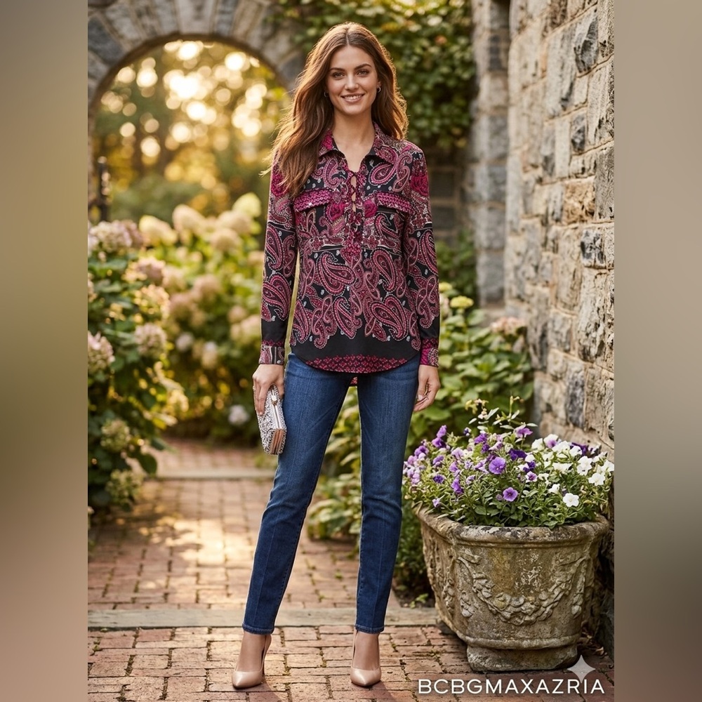 BCBGMaxAzria Berry and Black Paisley Blouse
